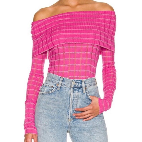 Free People Tops - Free People Revolve Snowbunny GF Rib Off the shoulder Top in Fuchsia Fizz Combo